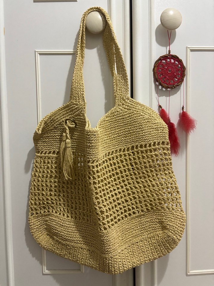 Vintage y2kSarı Bohem Örgü Kadın Çanta Püsküllü - Görsel 2