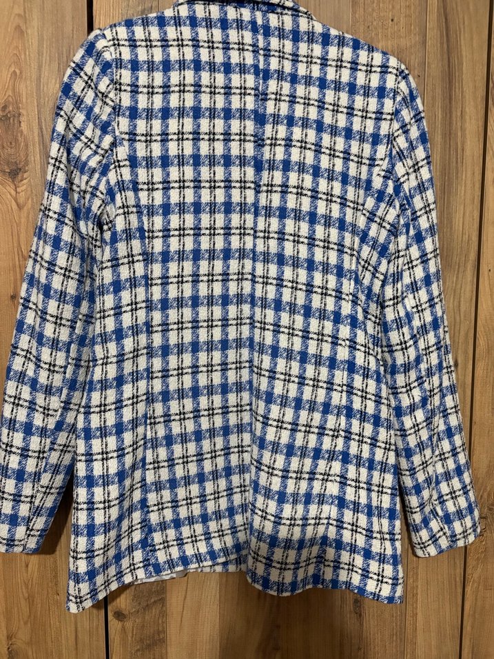 Mavi Ekose Düğmeli Kadın Blazer Ceket - Görsel 4