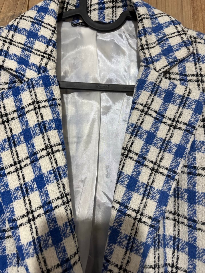 Mavi Ekose Düğmeli Kadın Blazer Ceket - Görsel 3