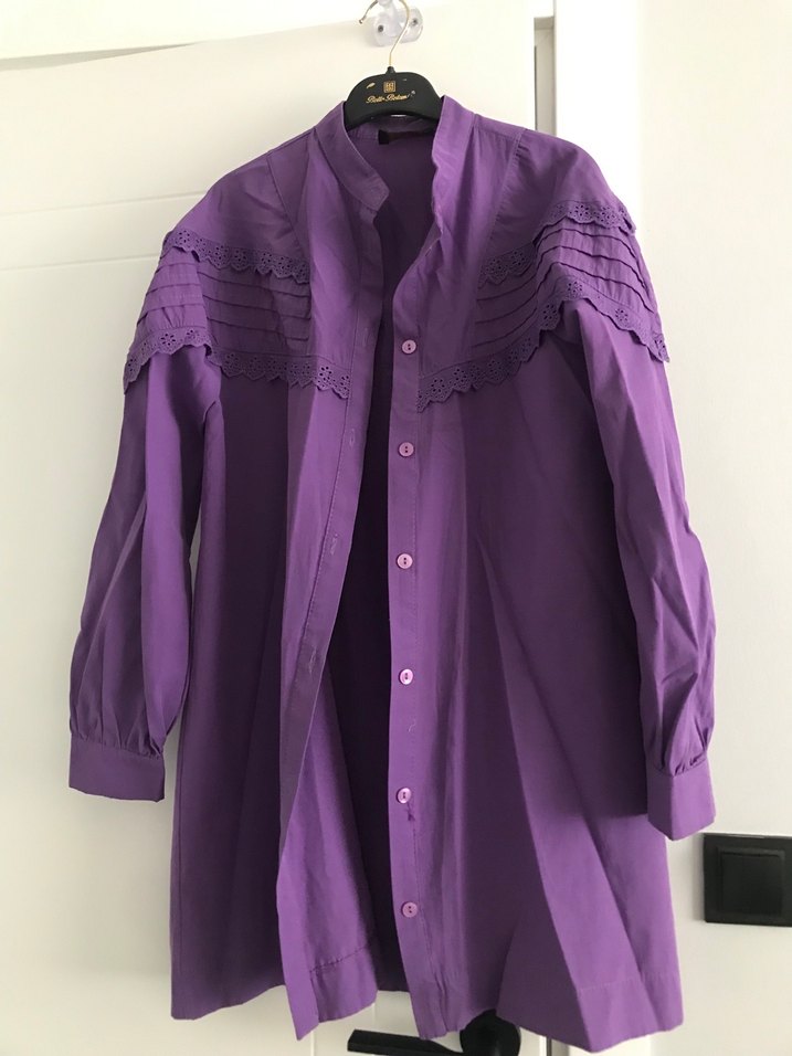 Uzun Kollu Mor Kadın Keten Gömlek - Görsel 3