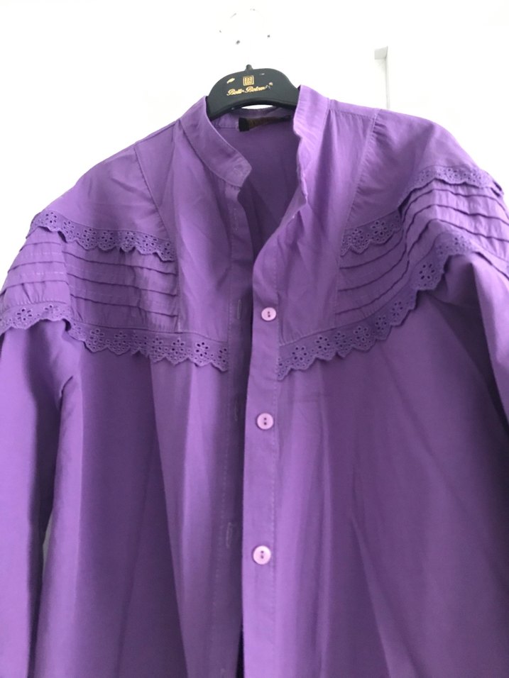 Uzun Kollu Mor Kadın Keten Gömlek - Görsel 2