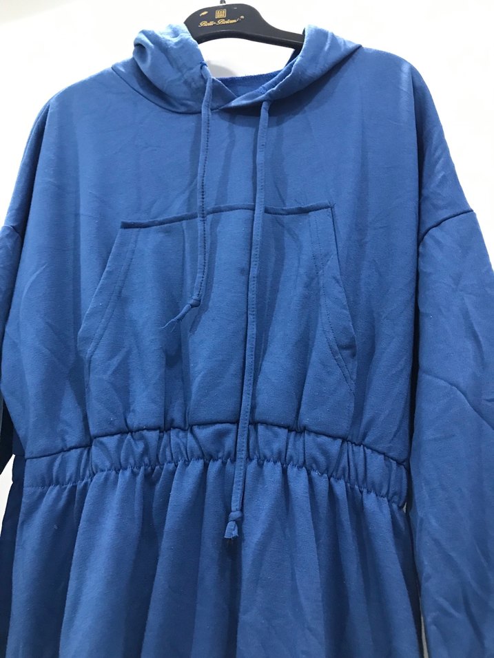 Kapüşonlu Mavi Kadın Uzun Elbise - Görsel 2