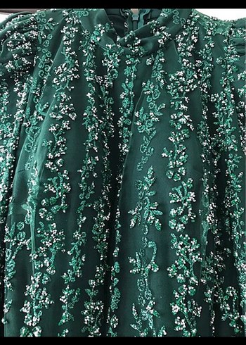 Boncuk İşlemeli Yeşil Uzun Abiye Elbise - Görsel 4