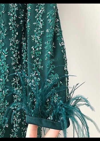 Boncuk İşlemeli Yeşil Uzun Abiye Elbise - Görsel 3