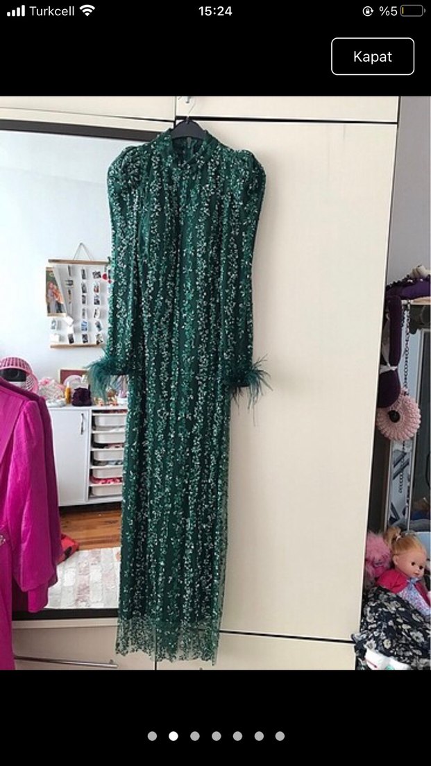 Boncuk İşlemeli Yeşil Uzun Abiye Elbise - Görsel 2