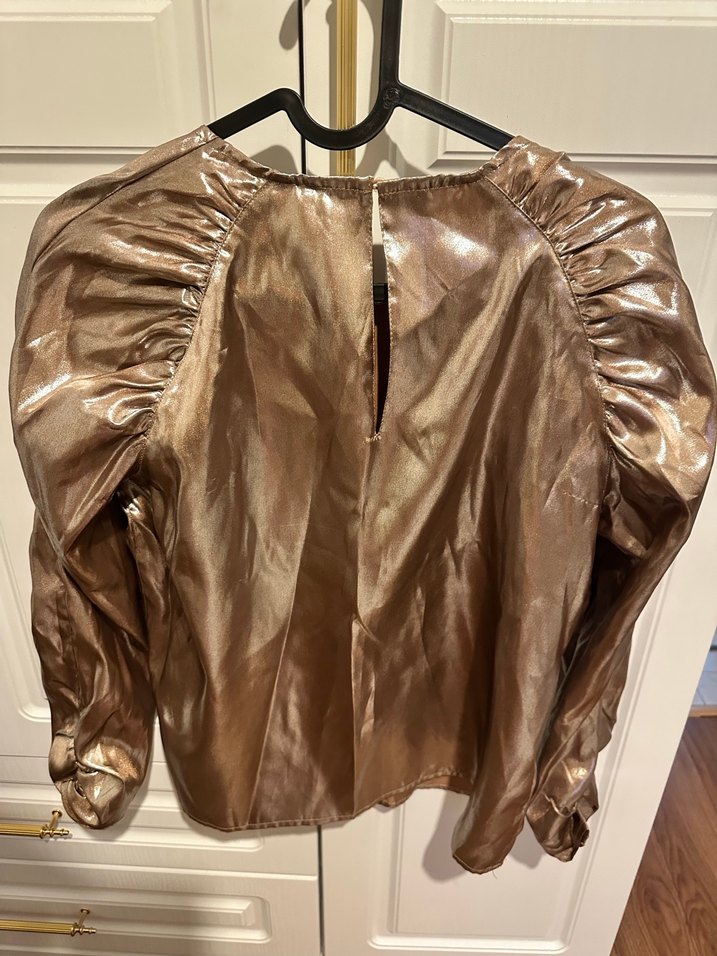 Drapeli Parlak Kahverengi Kadın Bluz - Görsel 3