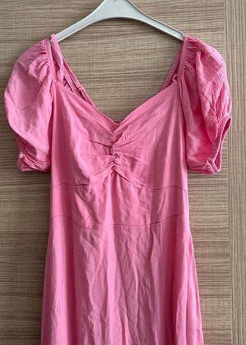 Pembe Uzun Keten Elbise V Yaka Drapeli - Görsel 2