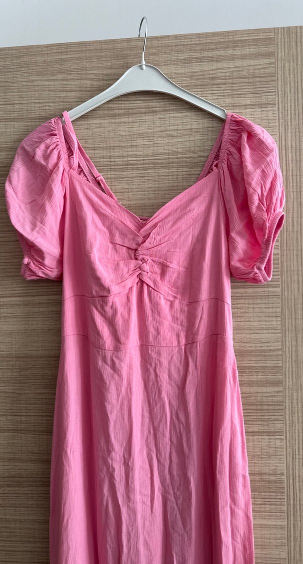 Pembe Uzun Keten Elbise V Yaka Drapeli - Görsel 2