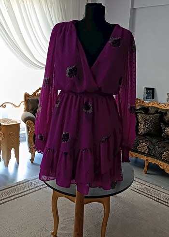 Mor Nakışlı Bohem Mini Elbise - Görsel 2