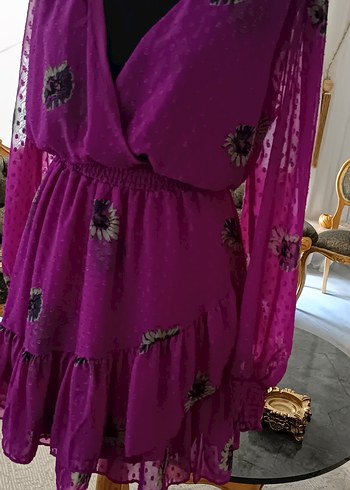 Mor Nakışlı Bohem Mini Elbise - Görsel 3