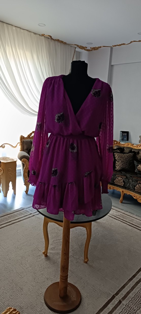 Mor Nakışlı Bohem Mini Elbise - Görsel 2