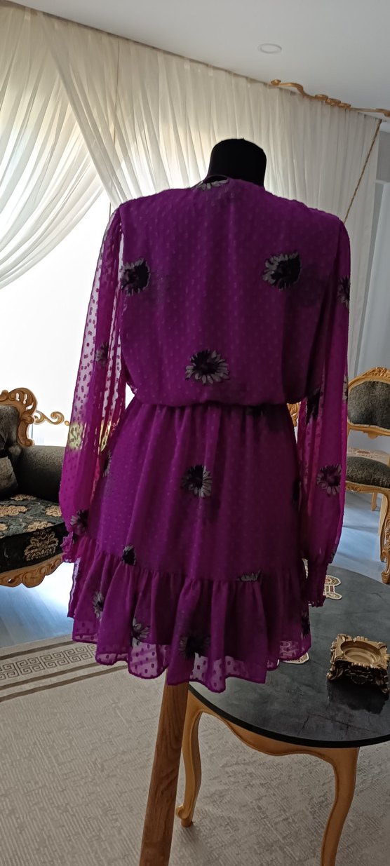Mor Nakışlı Bohem Mini Elbise - Görsel 4