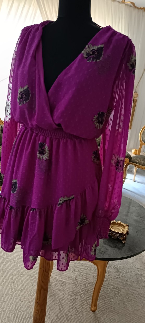 Mor Nakışlı Bohem Mini Elbise - Görsel 3