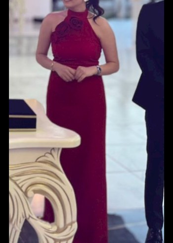 Bordo Uzun Abiye Elbise Yüksek Yakalı