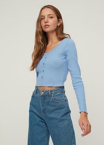 Mavi Crop V Yaka Triko Hırka