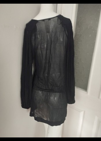 Uzun Kollu Siyah Keten Dökümlü pareo - Görsel 2