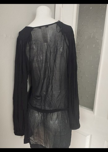 Uzun Kollu Siyah Keten Dökümlü pareo - Görsel 3