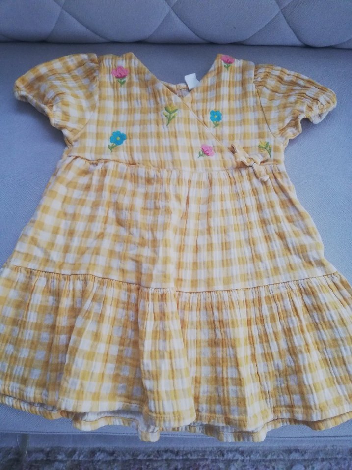 Sarı Kareli Kısa Kollu Bebek Elbise - Görsel 2