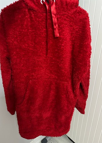 Kırmızı Kapüşonlu Kadın Peluş Sweatshirt