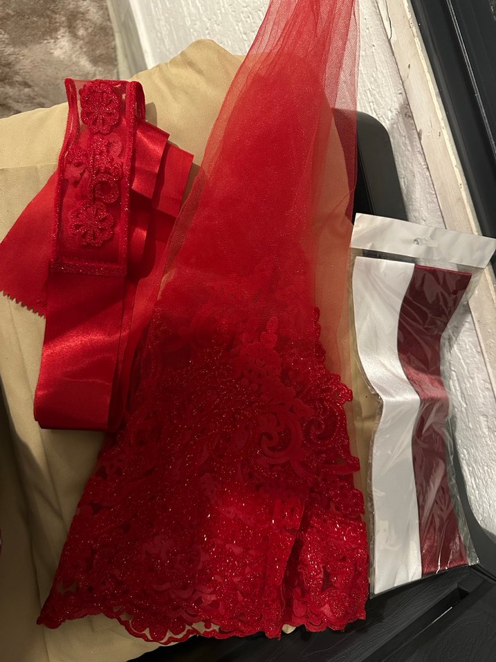 Parlak Kırmızı Vintage Düğün yüz örtüsü - Görsel 2