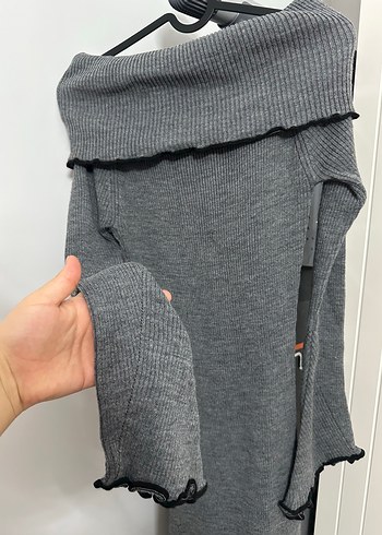 Gri Balıkçı Yaka Uzun Triko Elbise - Görsel 3