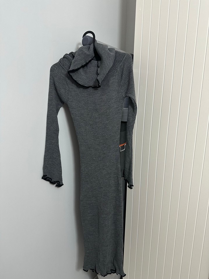 Gri Balıkçı Yaka Uzun Triko Elbise - Görsel 5