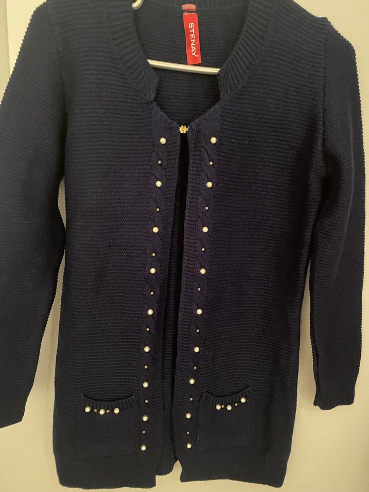 Uzun Kollu Triko Mavi Kadın Hırka - Görsel 2