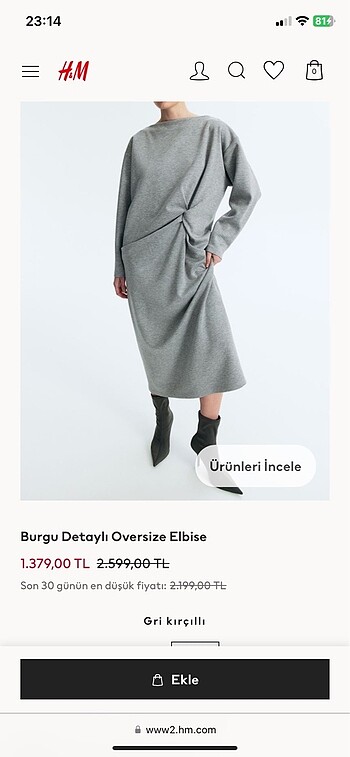 xs Beden gri Renk H&M Elbise