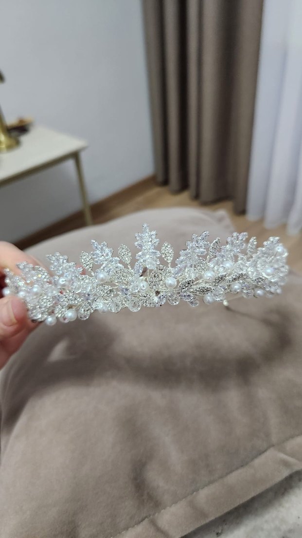 İnci ve Boncuk İşlemeli Beyaz Gelin Tacı - Görsel 3