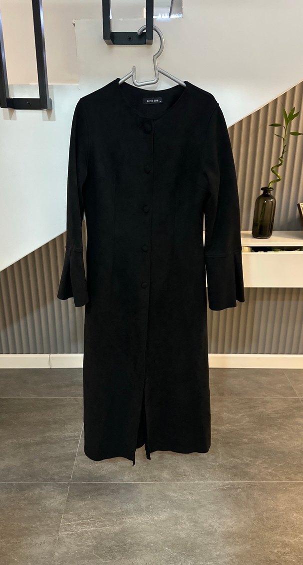 Düğmeli Siyah Süet Kadın Kaban - Görsel 2