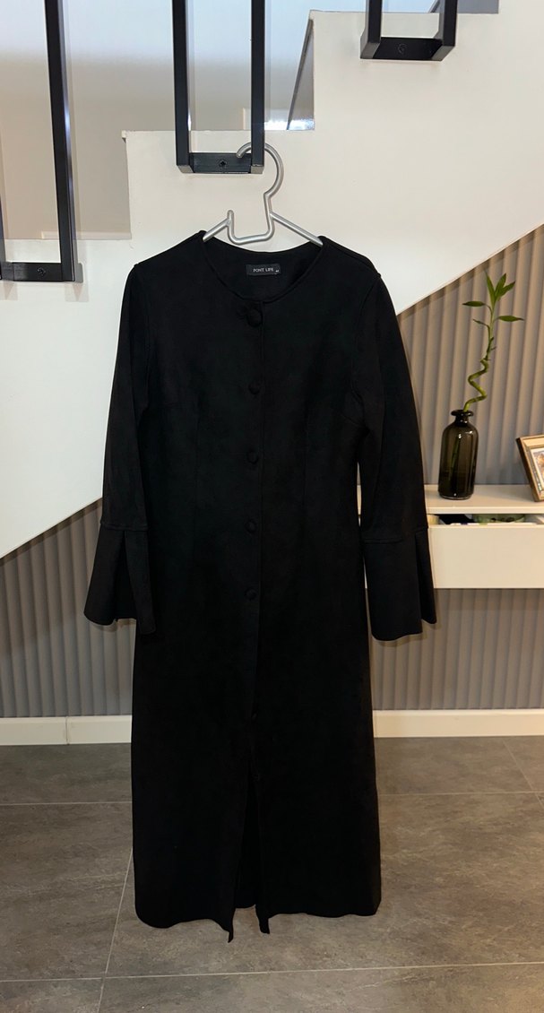 Düğmeli Siyah Süet Kadın Kaban - Görsel 5