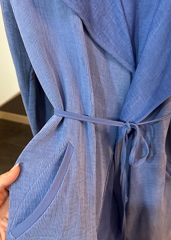 Uzun Mavi Kadın Ceket - Görsel 3