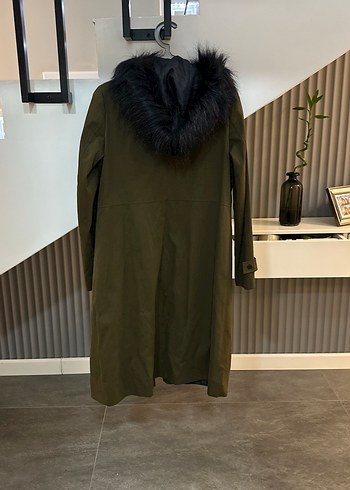 Haki Kürklü Kadın Uzun Ceket - Görsel 3
