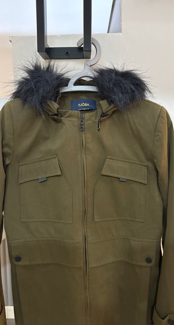 Haki Kürklü Kadın Uzun Ceket - Görsel 4