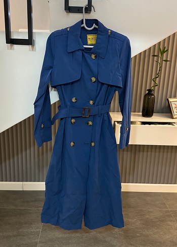 Düğmeli Mavi Kadın Trençkot - Görsel 2