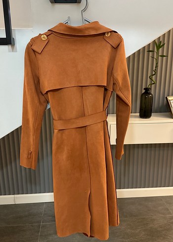 Kahve Süet Kemerli Uzun Kadın Trençkot - Görsel 2