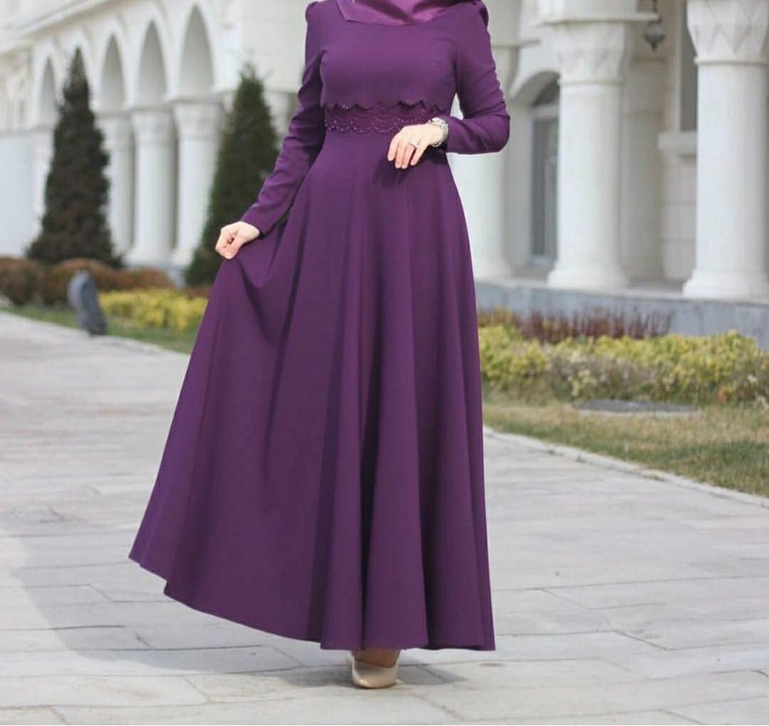 Uzun Kollu Mor Tesettür Elbise - Görsel 2