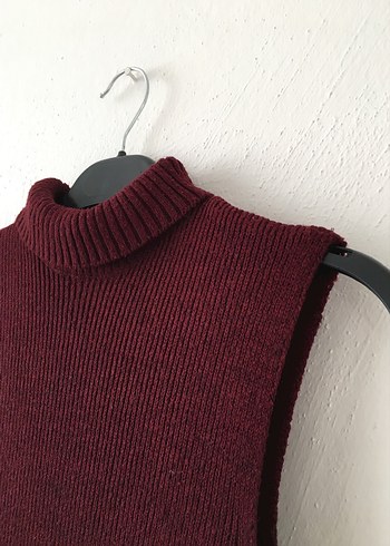 Bordo Yünlü Yüksek Yakalı Kolsuz Triko Elbise - Görsel 2