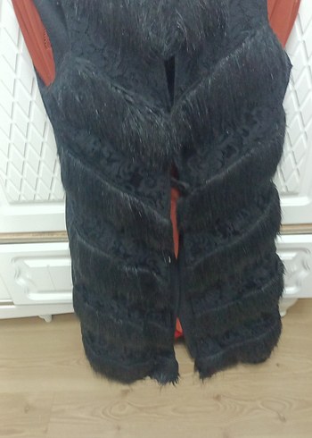 Kürk Detaylı Siyah Uzun Kadın Yelek - Görsel 2