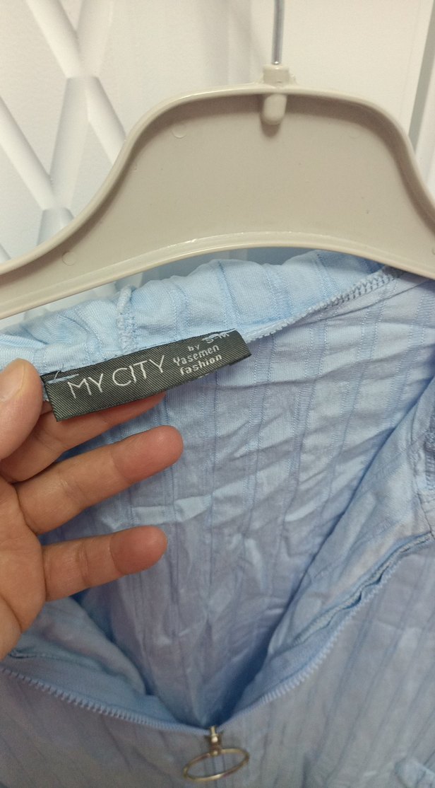 Mavi Uzun Kollu Kadın  Ceket minik defosu var - Görsel 3