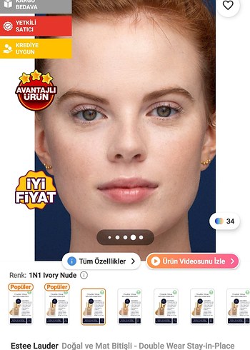 Estee Lauder Double Wear Mat Fondöten 1N1 Ivory Nude - Görsel 3