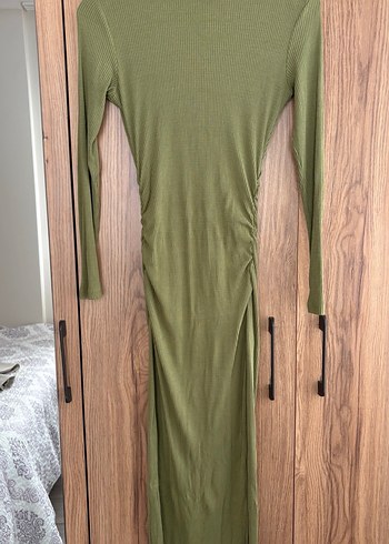 Drapeli Yüksek Yaka Uzun Kollu Haki Elbise - Görsel 2