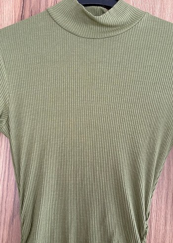 Drapeli Yüksek Yaka Uzun Kollu Haki Elbise - Görsel 5