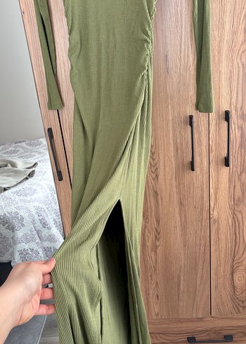 Drapeli Yüksek Yaka Uzun Kollu Haki Elbise - Görsel 3