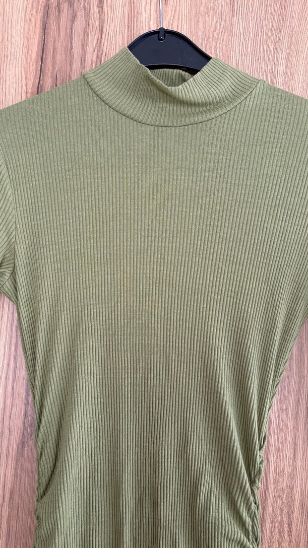 Drapeli Yüksek Yaka Uzun Kollu Haki Elbise - Görsel 5