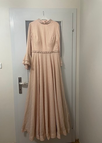 Bej Uzun Kollu Vintage Abiye Elbise