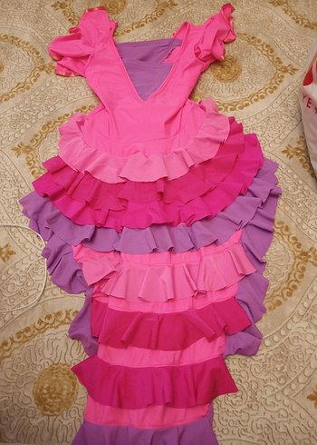 10 Yaş Beden Kız Çocuk Pembe Volanlı Strapsız Elbise