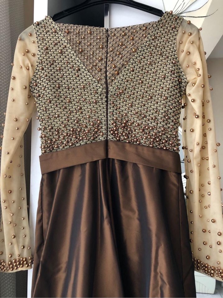 İnci İşlemeli Bej Uzun Abiye Elbise - Görsel 5