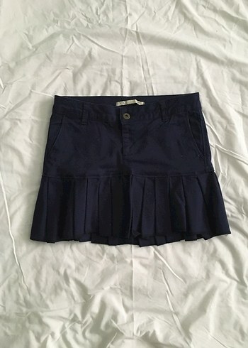 Lacivert Pileli Mini Kot Etek