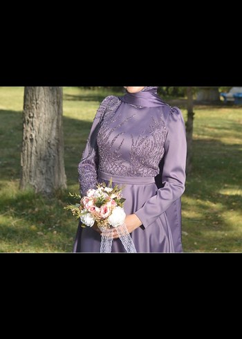 Uzun Kollu Mor Drape Detaylı Kadın Abiye Elbise - Görsel 2